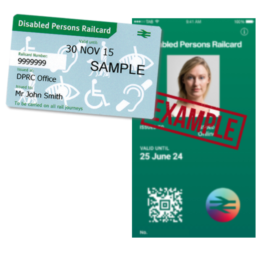 Example images of a Disabled Persons Railcard, showing both the physical card and the digital version.