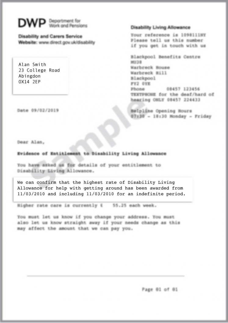 Example photo of a Disability Living Allowance award letter with the whole page in frame.