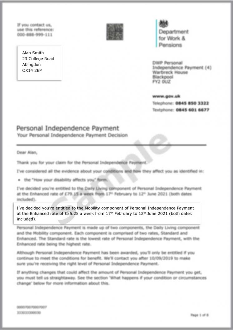 Example photo of a PIP award letter with the whole page in frame and the National Insurance reference visible.